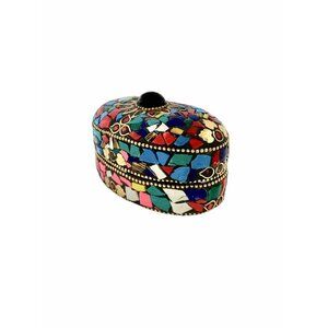 Trinket Box Handmade Metal Lidded Container Colorful Mosaic Stone Adorable Gift